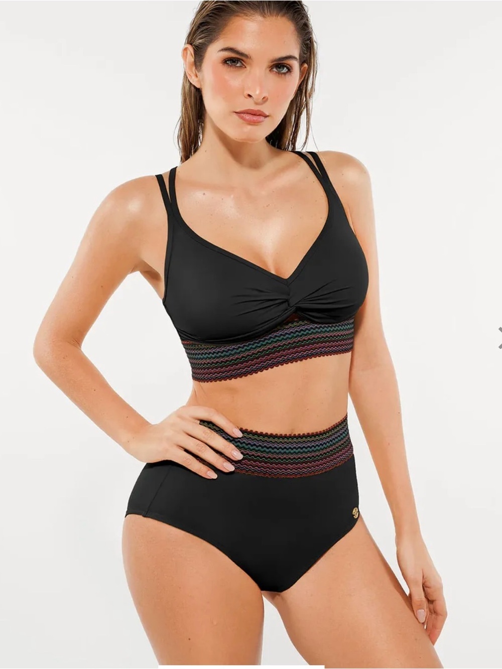 Popilush Boho Trim High Waist Tummy Control Bikini Set - Black size M